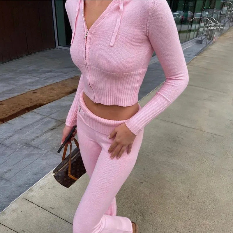 Zipper Hoodie High Waist Flare Pants Knitted Casual Suit Pants Two Piece Set