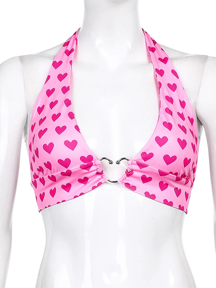 Aesthetic Kawaii Pink Heart Print Bustier Crop Top