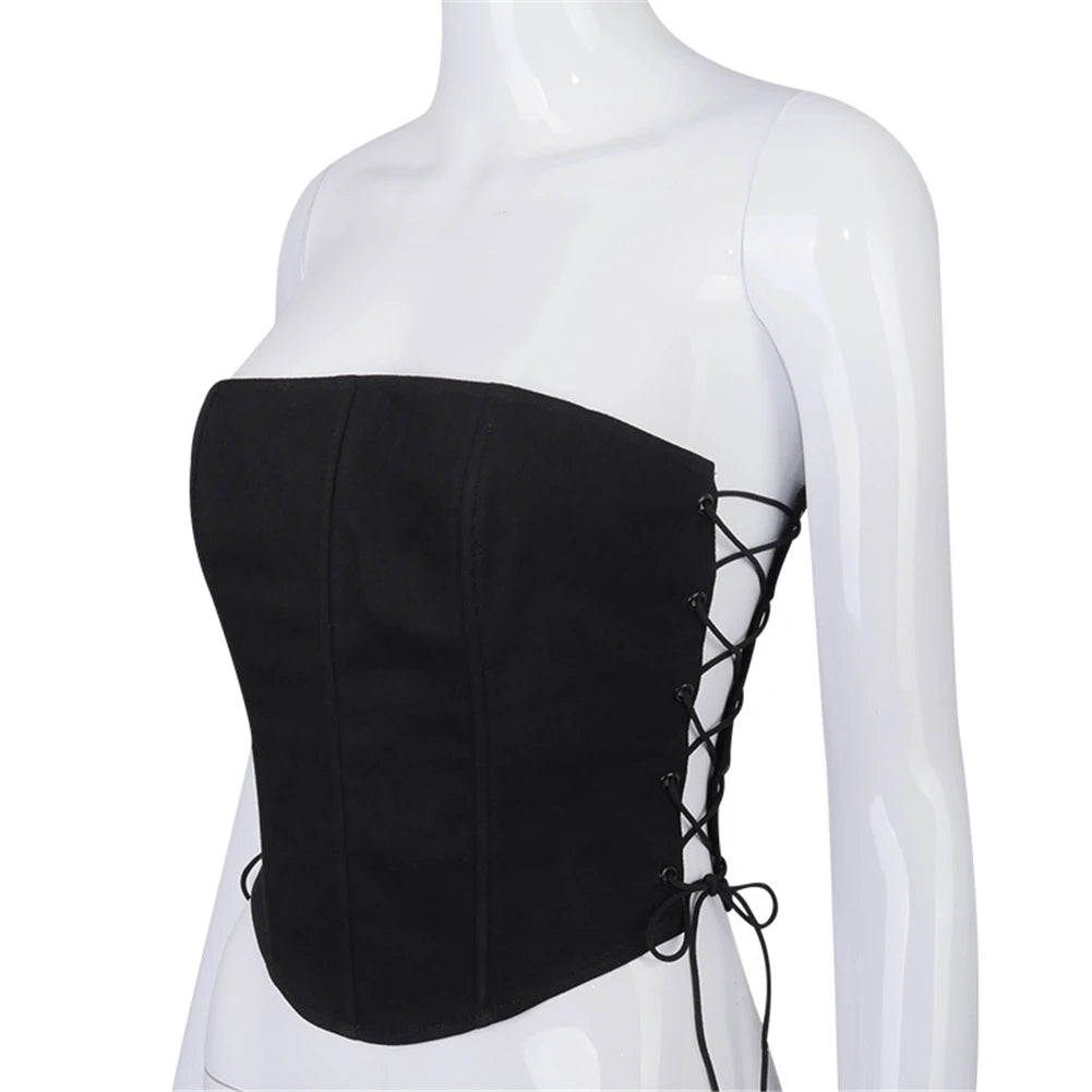 Y2K Off Shoulder Strapless Lace Up Bustier Corset Crop Top