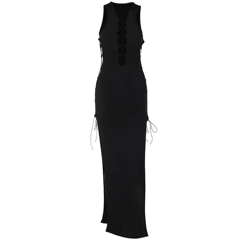 Black Sleeveless Hollow Out Bandage Side Slit Sexy Bodycon Maxi Dress