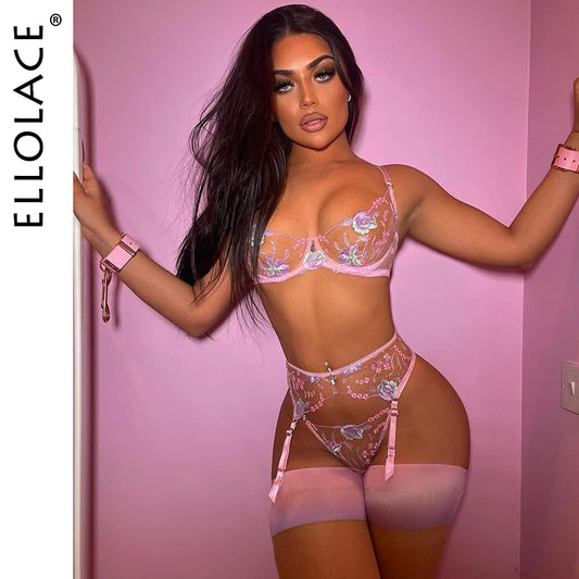 Ellolace Fancy Erotic Lingerie Floral Transparent Lace Brief Sets