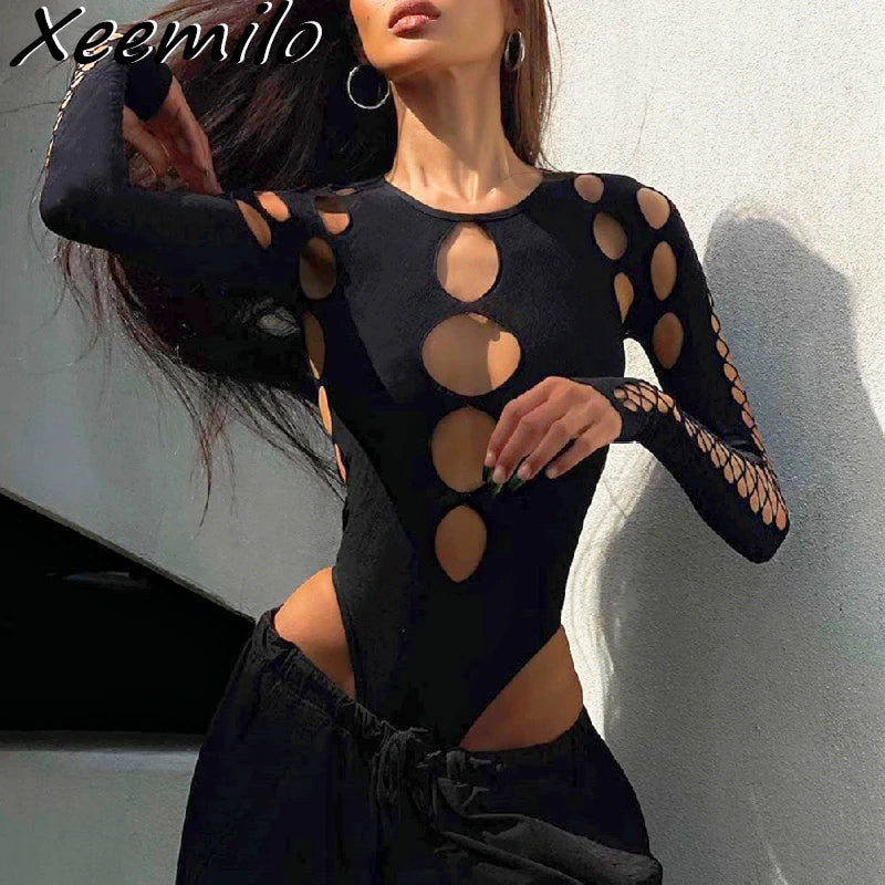 Xeemilo Sexy Dot Hollow Out Bodysuit