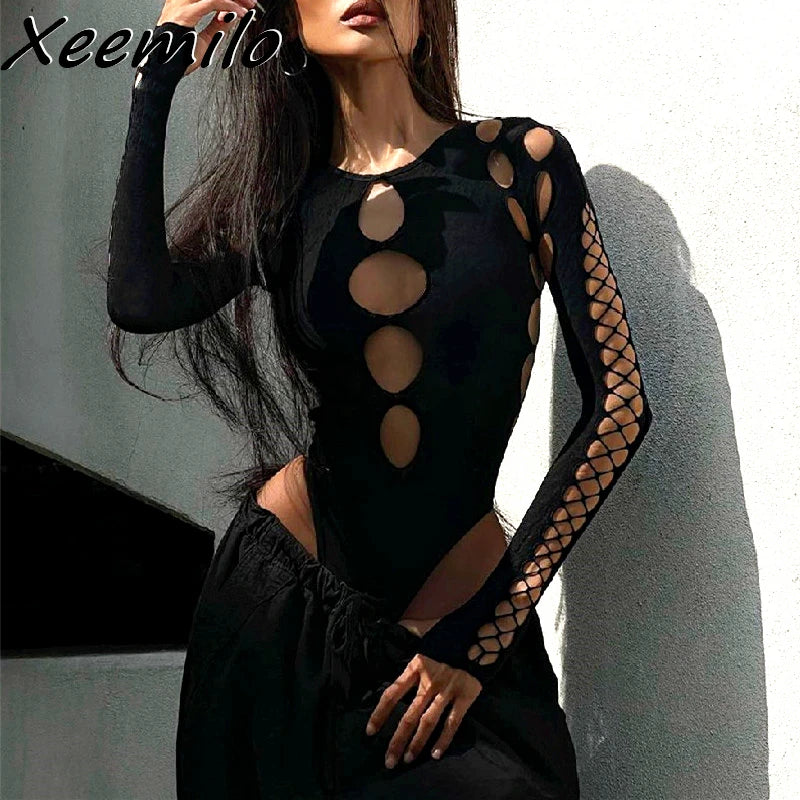 Xeemilo Sexy Dot Hollow Out Bodysuit