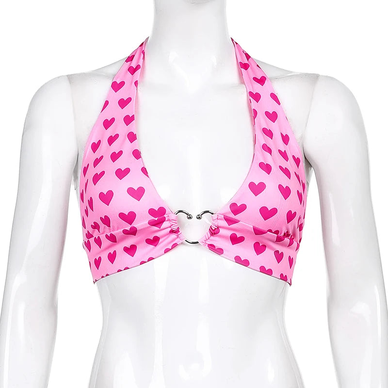 Aesthetic Kawaii Pink Heart Print Bustier Crop Top