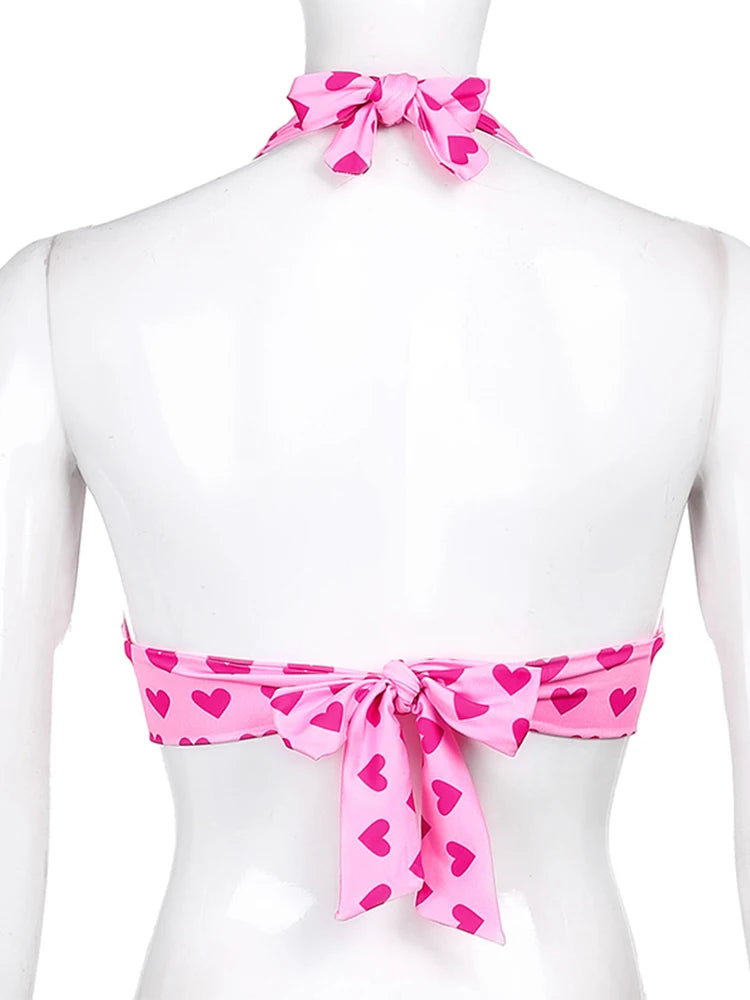 Aesthetic Kawaii Pink Heart Print Bustier Crop Top