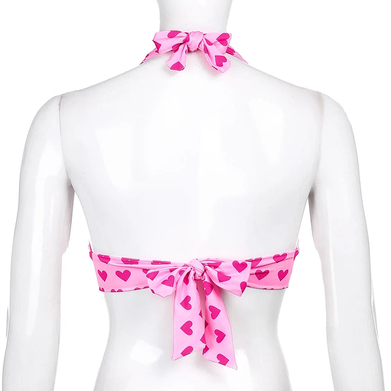 Aesthetic Kawaii Pink Heart Print Bustier Crop Top