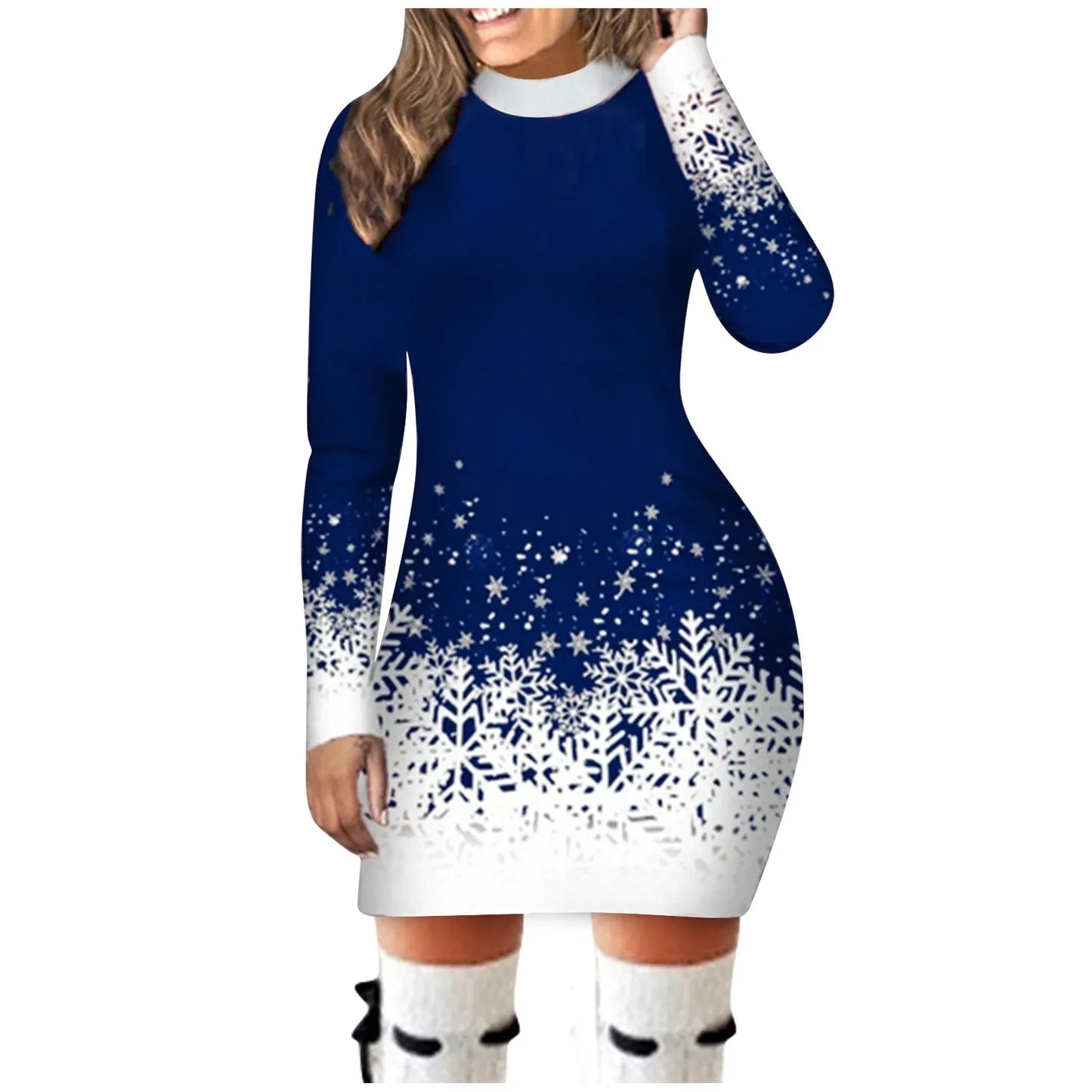 Women's Hip Wrap Slim Fit  Snowflake Printed Long-sleeved Christmas Dress