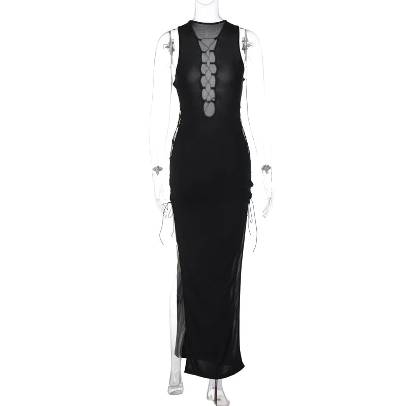 Black Sleeveless Hollow Out Bandage Side Slit Sexy Bodycon Maxi Dress