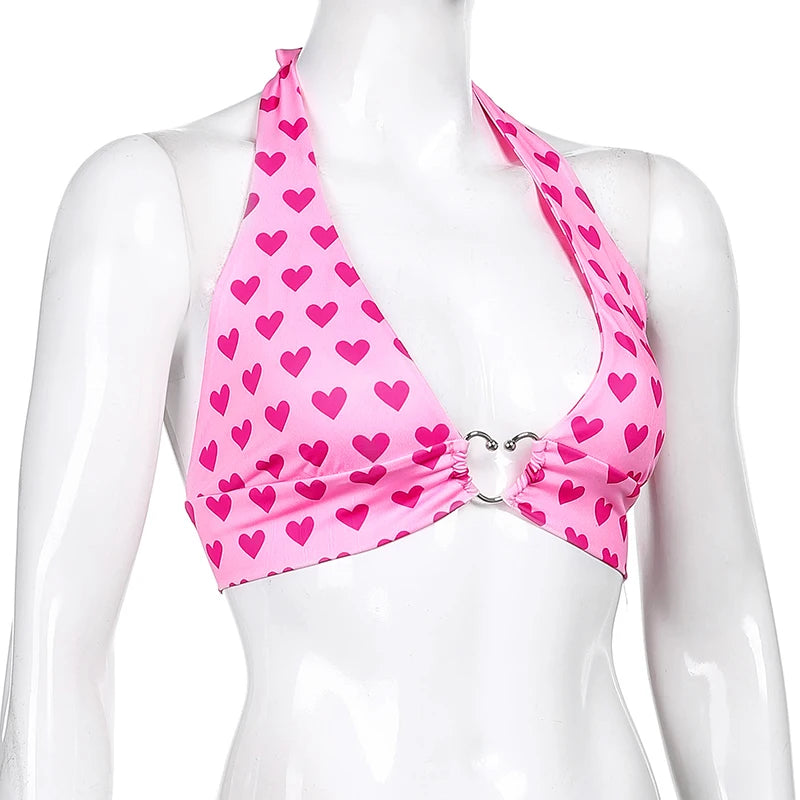 Aesthetic Kawaii Pink Heart Print Bustier Crop Top