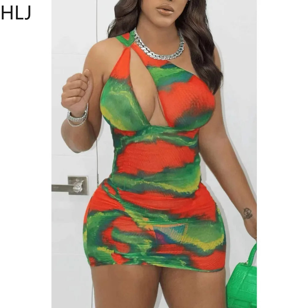 HLJ Sexy Tie Dye Printing Hollow Out Bodycon Mini Dress