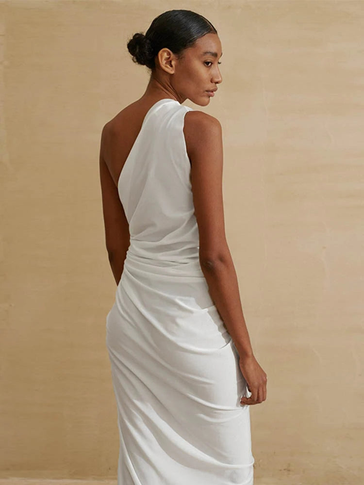 Hollow Out Women Midi Beach Dress White One Shoulder Sleeveless dress