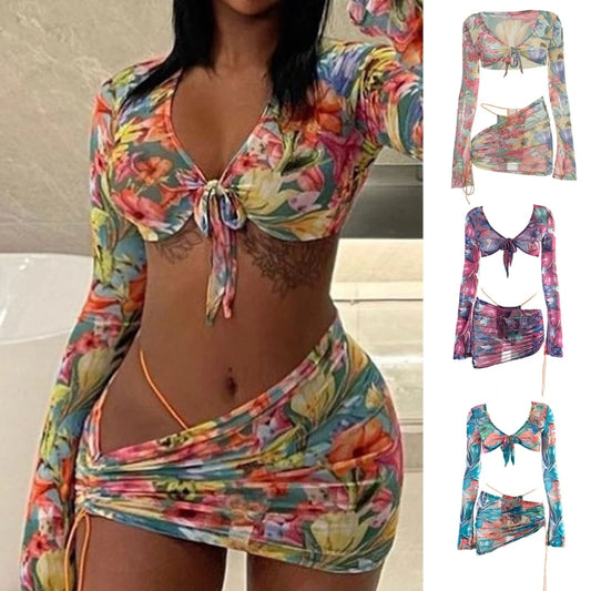 Floral Print Mesh 3 Pieces Bodycon Set