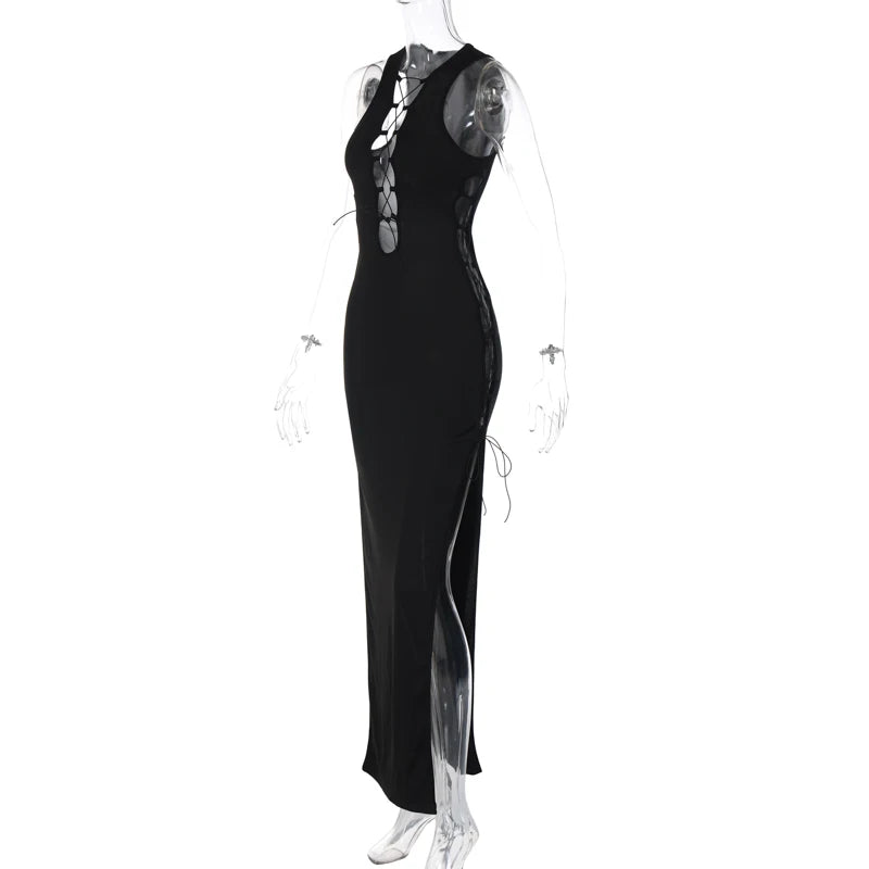 Black Sleeveless Hollow Out Bandage Side Slit Sexy Bodycon Maxi Dress