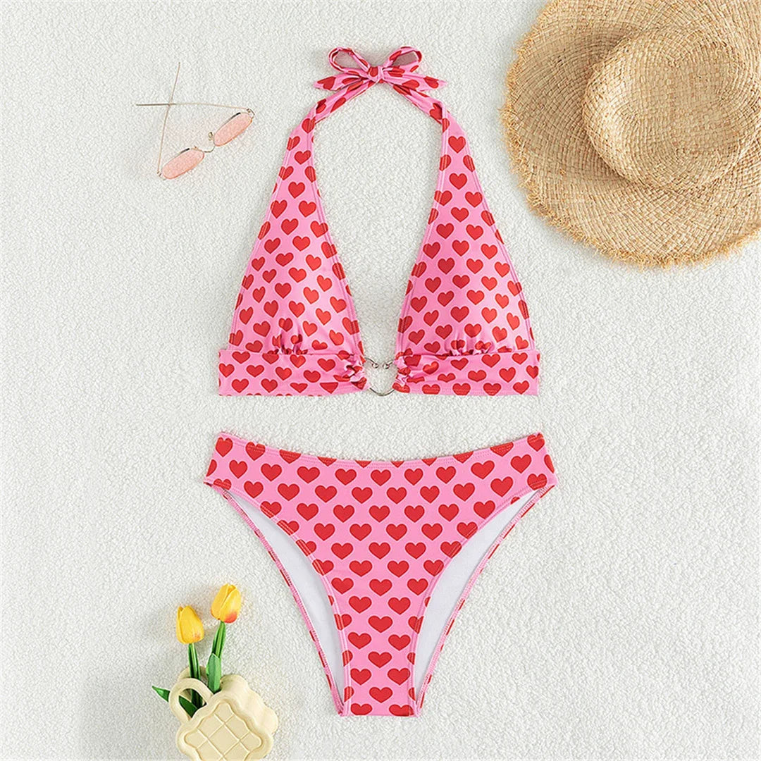 Paunikix Heart-Shaped Printed Halter Bikini