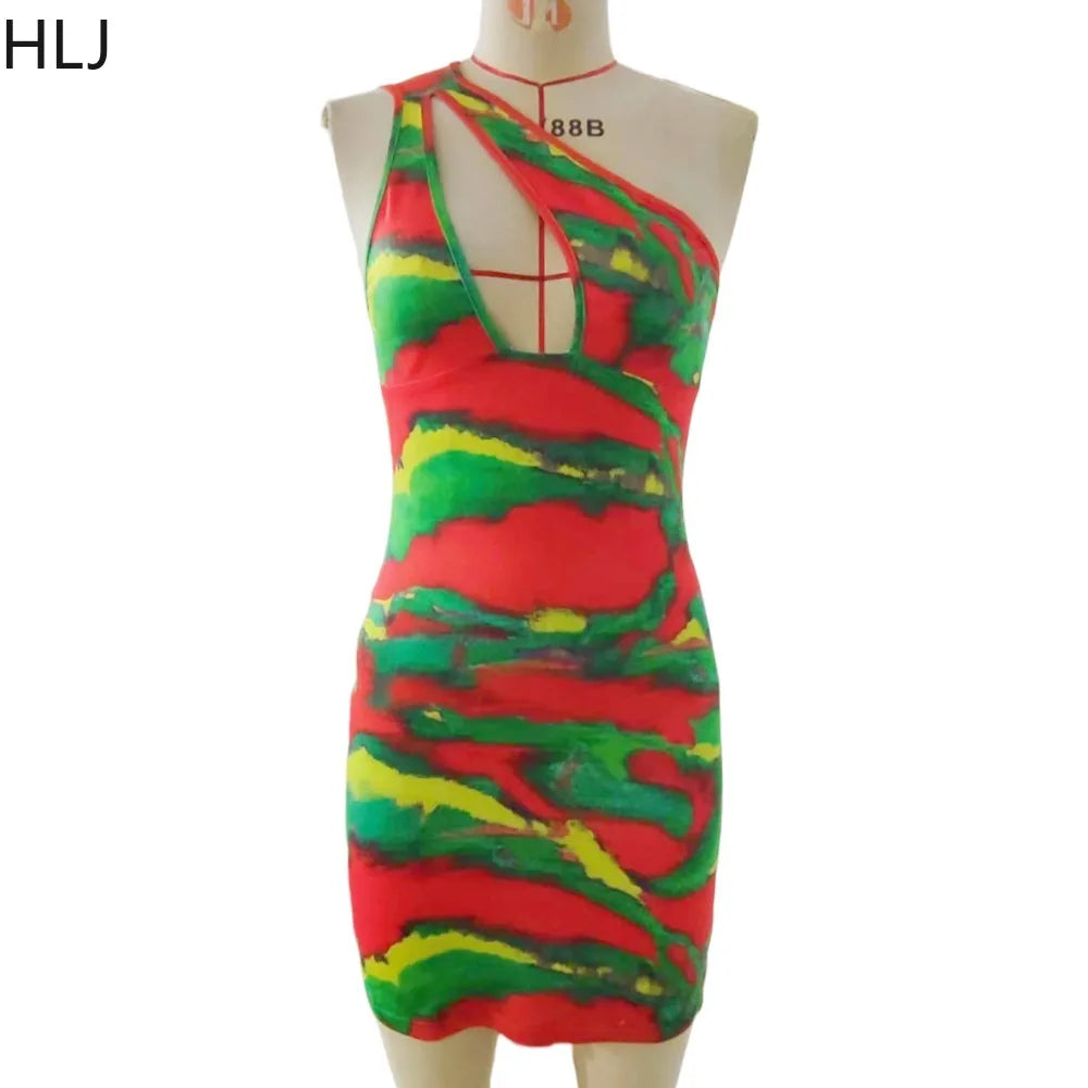 HLJ Sexy Tie Dye Printing Hollow Out Bodycon Mini Dress