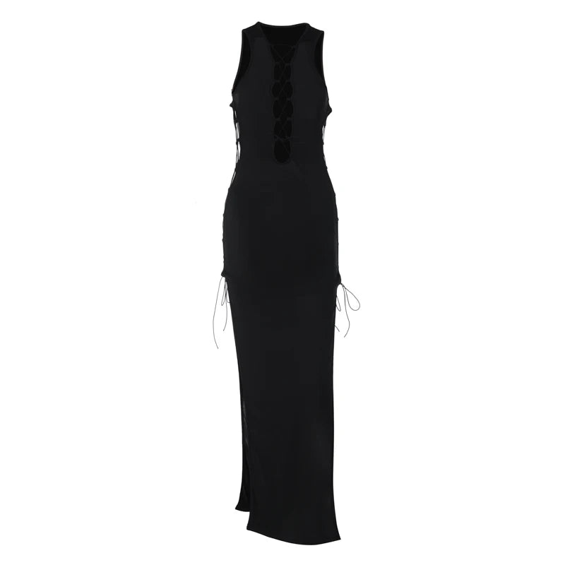 Black Sleeveless Hollow Out Bandage Side Slit Sexy Bodycon Maxi Dress