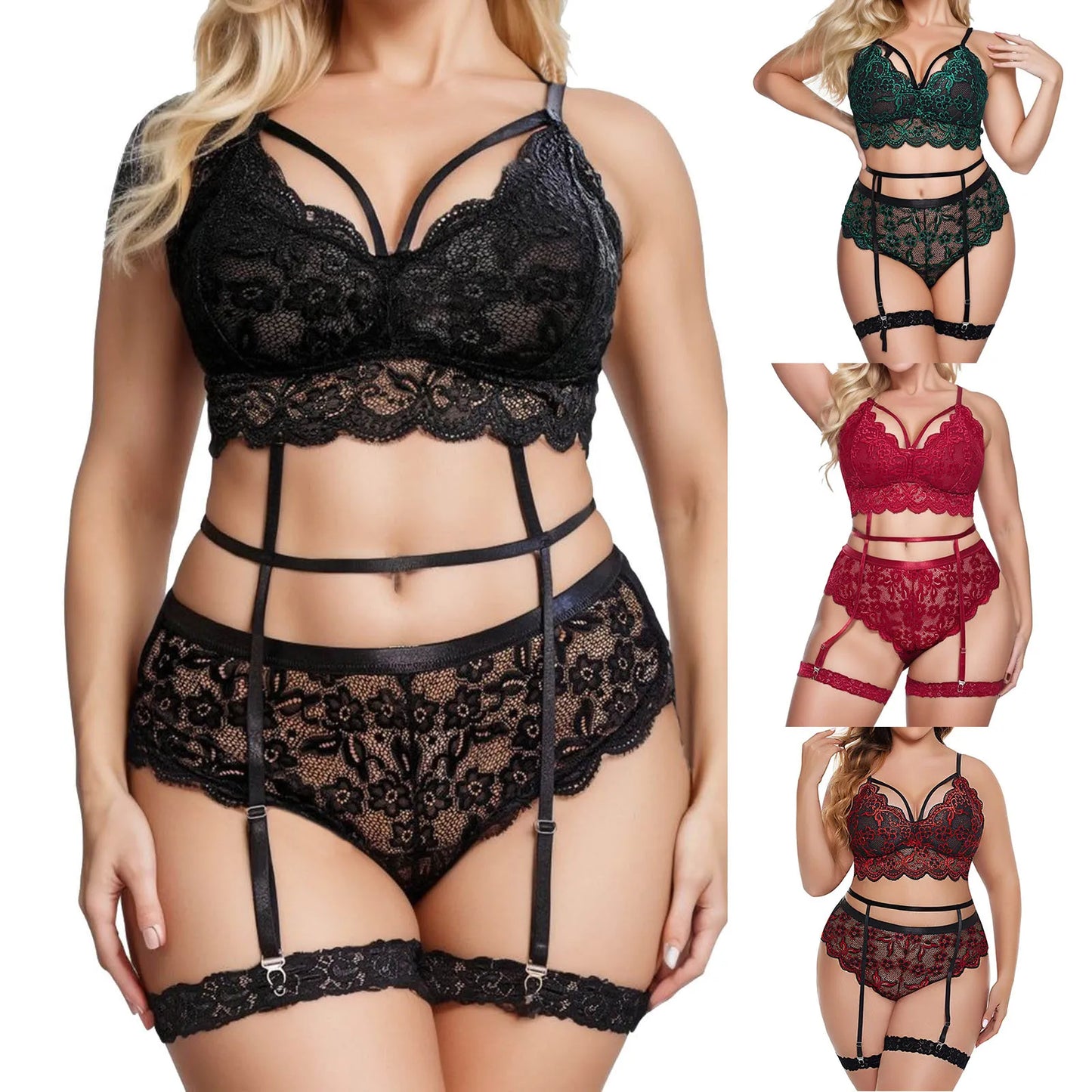 Plus Size Floral Lace Scallop Trim Garter Bra Panties Set