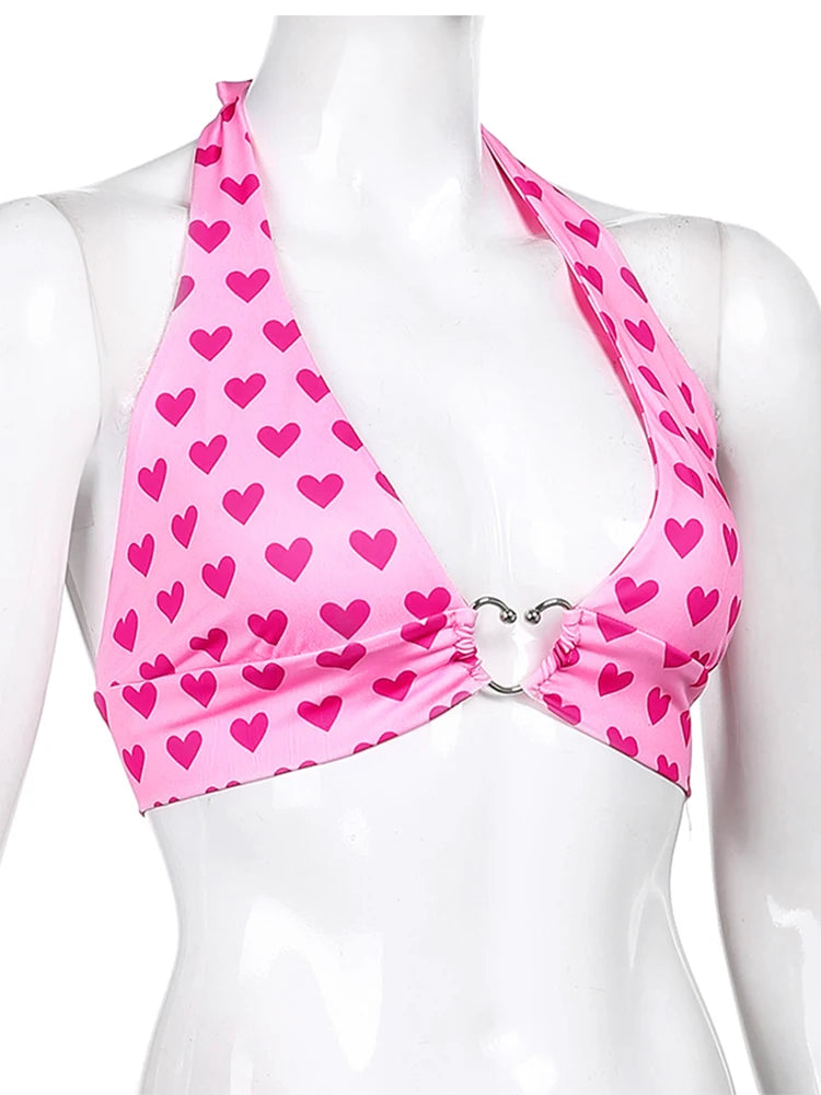 Aesthetic Kawaii Pink Heart Print Bustier Crop Top