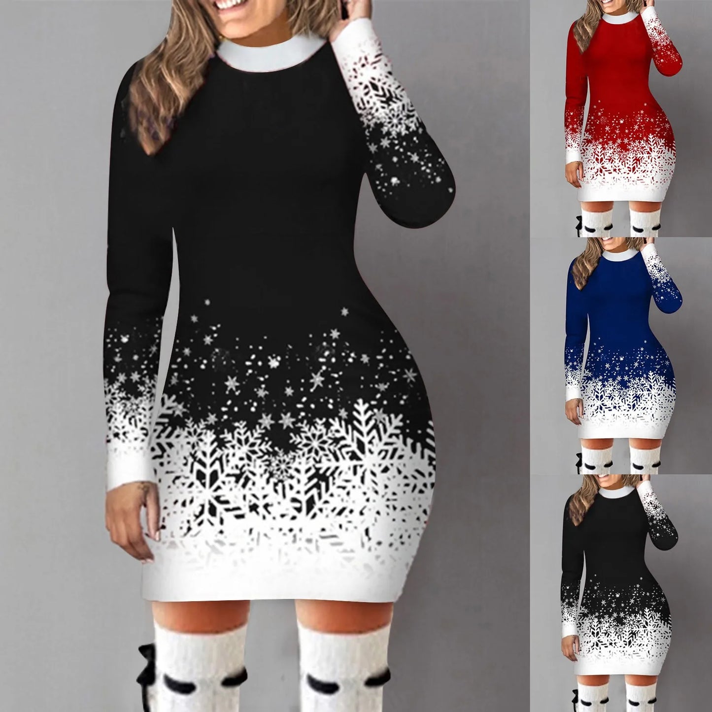 Women's Hip Wrap Slim Fit  Snowflake Printed Long-sleeved Christmas Dress