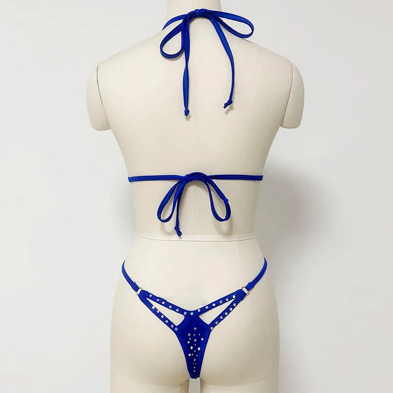 Hope&Win Two Pieces Nylon Velvet Ladies Dancer Bikini Top White AB Rhinestone Women Sexy Stripper Outfit