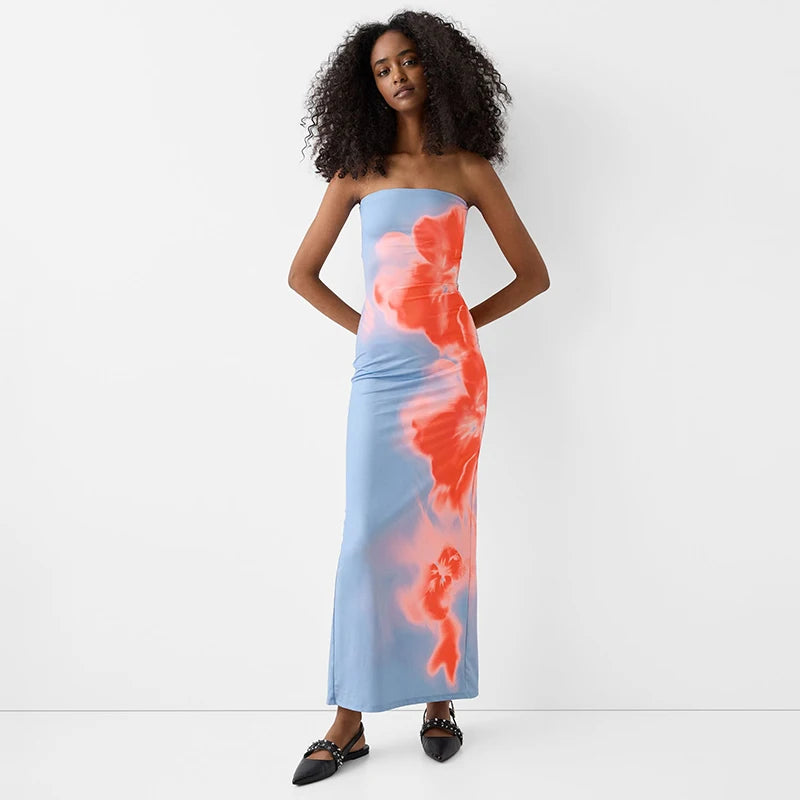 CUTENOVA Sexy Strapless Print Tube Maxi Dress