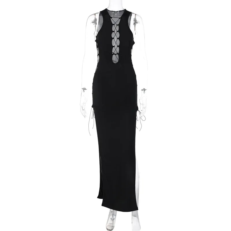 Black Sleeveless Hollow Out Bandage Side Slit Sexy Bodycon Maxi Dress